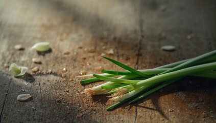Green onions placed on rustic wood, highlighting natural compounds and nutritional value, Nutrition Month