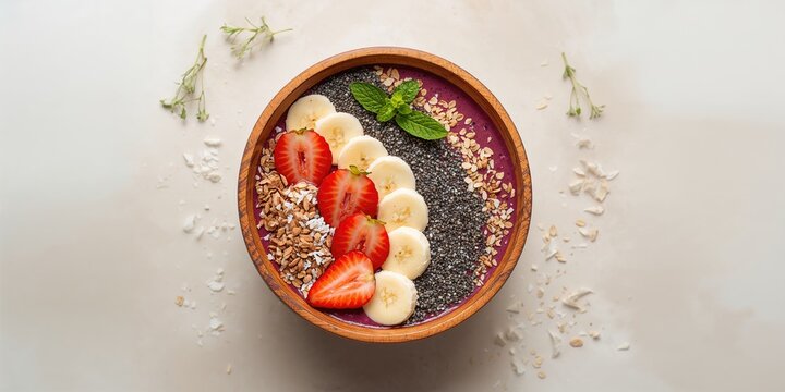 Smoothie bowl topped with chia seeds, muesli, strawberries, banana slices, and coconut flakes used as a healthful breakfast option, Earth Day