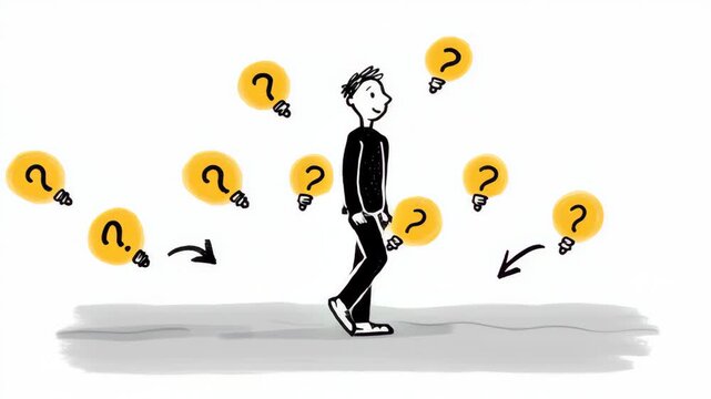 A man walks down a street with a bunch of questions written on the ground in front of him