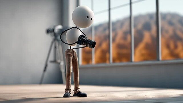 A man in a white body suit is holding a camera. The camera is a small, white, and black object. The man is standing in front of a camera tripod. The scene is set in a room with a window