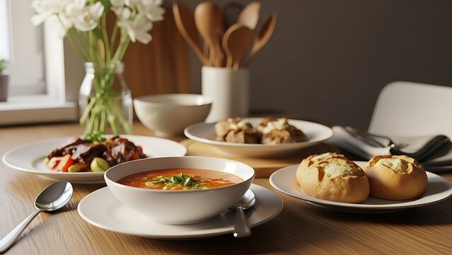 Delicious homemade meal set on a wooden table with soup, bread rolls, and main courses, ready to be served in a warm dining setting - Powered by Adobe
