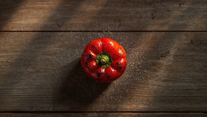 Grilled red bell pepper with blackened surface, focusing on charred texture and smoky aroma, ideal for outdoor cooking