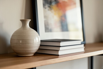 Styled shelf vignette with vase and books.