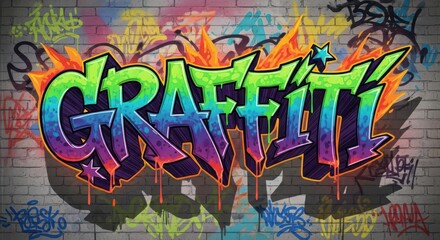 Obraz premium Bold, colorful stylized lettering spells out an urban art word against a textured brick surface