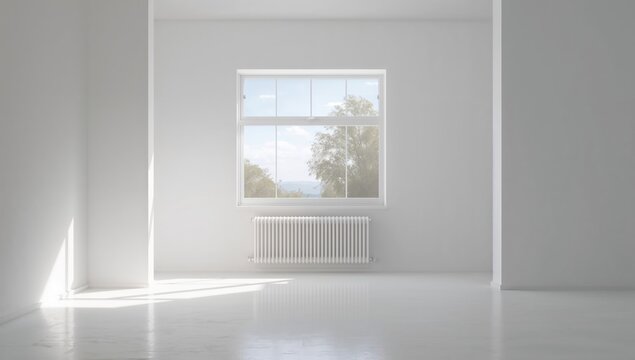 Interior space with plastic window and radiator on a white wall, used for architectural or renovation projects