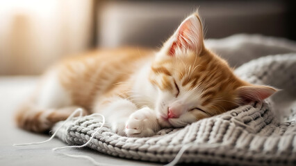 Adorable orange kitten sleeping peacefully on a cozy knitted blanket