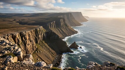 Dramatic coastal cliffs meeting the ocean at sunset or sunrise, rugged landscape view from above