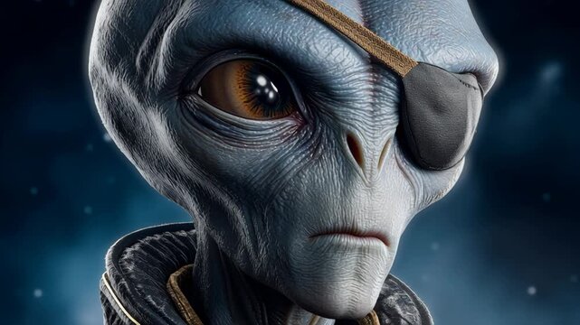 A blue alien with a pirate's eye patch and a black eye. The alien is looking at the camera