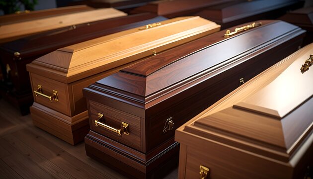 A high-angle shot showcases several closed, polished wooden caskets arranged in a diagonal row on a polished wooden floor. The coffins vary in color