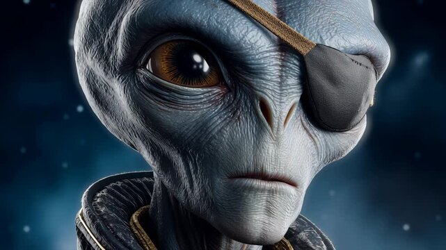 A blue alien with a pirate's eye patch and a black eye. The alien is looking at the camera