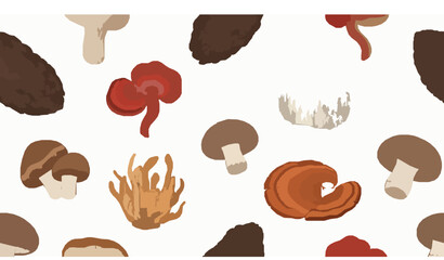 Medicinal mushroom seamless pattern with chaga reishi shiitake cordyceps turkey tail and lions mane © Najmul