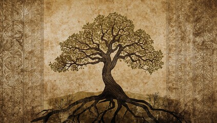 Yggdrasil, depicted as a tree of life icon against a geometric backdrop, highlighting cultural symbolism