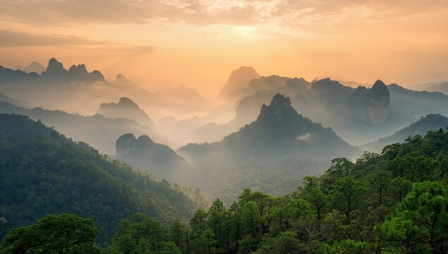 Mount Huangshan's rugged mountains and atmospheric fog, suitable for layout backgrounds in tourism publications