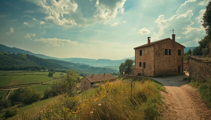 Fototapeta premium Rupit village in Catalonia, Spain, featuring traditional architecture and scenic mountain surroundings, suitable for tourism promotion