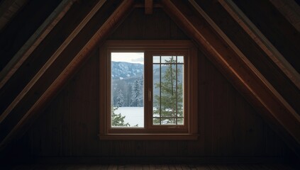 Fototapeta premium Vertical view of an attic space with a window framing a winter forest scene in Norway, highlighting seasonal change