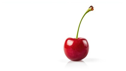 Closeup of a ripe red cherry with green stalk, ideal for fruit display or culinary backgrounds