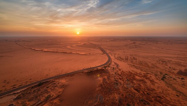 Top-down perspective of a highway traversing arid sands, highlighting infrastructure within desert environments