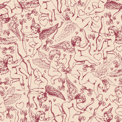 Vintage Cherub Burgundy Seamless Pattern