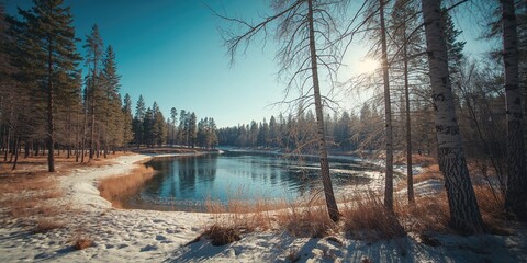 Rekyva woodland with pine and birch trees beside a wavy lake on a clear sunny winter day, highlighting natural landscape