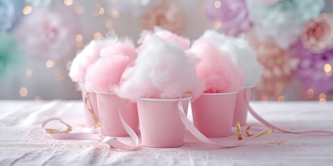 Cotton candy served in pink paper cups during a child's ballet-themed birthday celebration, highlighting party treats