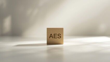 AES abbreviation engraved on a wooden block, used as a visual element in technology security presentations