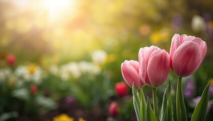 Blooming pink tulip flowers in a garden setting, suitable for floral-themed layouts or decorative backgrounds