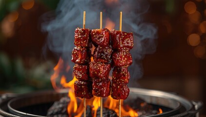 Mutton cubes roasted on a skewer in Chinese barbecue style, highlighting flavor and preparation process