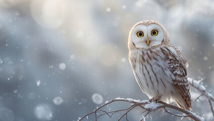 Snow-covered owl resting outdoors during winter, highlighting seasonal survival
