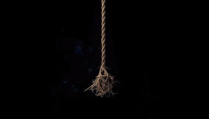 Rope nearing breakage against a black backdrop symbolizing instability or danger, highlighting vulnerability and precariousness