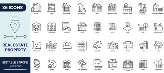 Real estate Properties line icon set. Includes Urban architecture, building, real estate, mall, skyscraper, and more. Editable stroke. Vector illustration. © Gretta