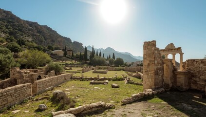 Summer scene at Zakros Minoan Palace archaeological site, ancient stone walls and structures on a Greek island, heritage preservation