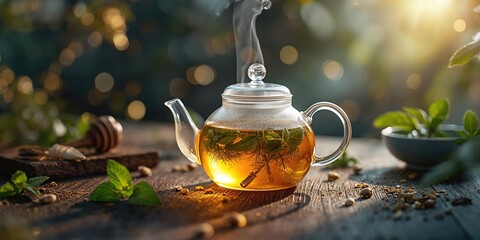 Herbal tea with mint and honey in a teapot, natural ingredients for calming effects