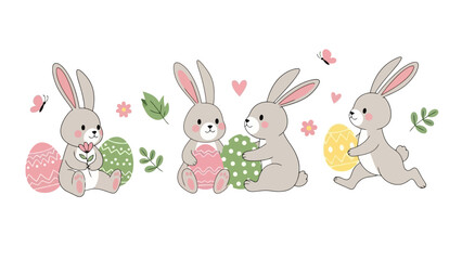 Obraz premium Cute cartoon Easter bunnies with decorated eggs and flowers, celebrating spring and Easter traditions.
