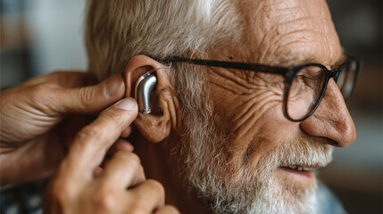 Senior man wearing a modern hearing aid while another person gently adjusts the device. Close-up of hearing assistance technology for elderly people. Healthcare, hearing loss treatment, audiology.
