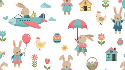 A delightful seamless pattern featuring cute Easter bunnies, chickens, airplanes, umbrellas, houses, flowers, and Easter eggs, perfect for spring celebrations.