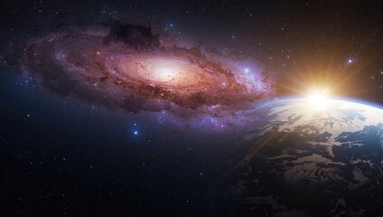 Obraz premium Detailed view of a galaxy's spiral arms with bright star clusters, used as an astrophysics research background, World Astronomy Day