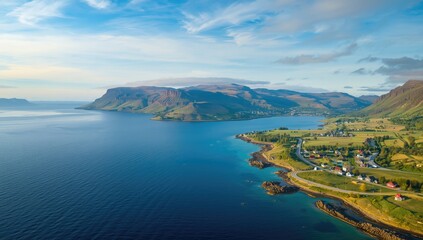 Obraz premium Aerial perspective of Iceland Fjord during summer, highlighting coastal erosion and geological formations