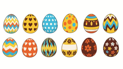A collection of twelve vibrantly decorated Easter eggs, each with unique patterns and colors, arranged in two rows against a white background.