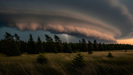 Dramatic landscape of a forest under a stormy sky with mammatus clouds at sunset or sunrise