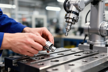 Hands installing part on assembly jig near robot.