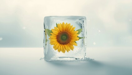 Frozen sunflower with air bubbles inside an ice cube, ideal for text layout backgrounds