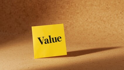 Yellow notepad featuring a value word, set against corkboard for organizational purposes