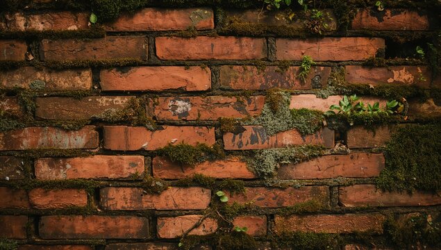 Old brick structure covered in moss and lichen serving as a textured backdrop for urban decay themes, Earth Day