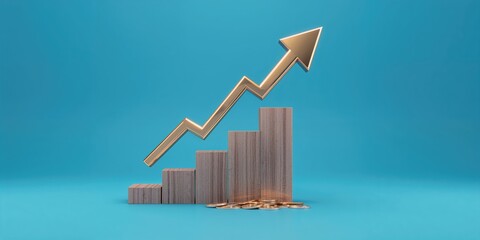 Illuminated rise arrow atop wooden cube blocks with coin stacks, bar graph representing financial progress on blue backdrop, economic development themes, World Economics Day