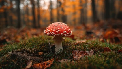 Autumn forest scene with amanita mushroom on the forest floor, emphasizing natural erosion risk
