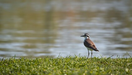 Pratincole bird resting on grassland with water backdrop, highlighting natural habitat for wildlife preservation
