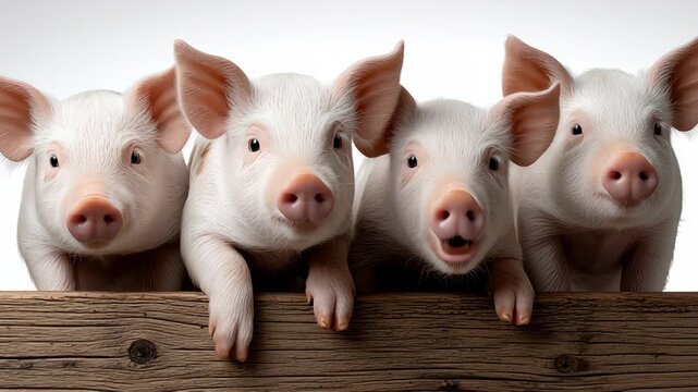 Four white pigs are standing on a wooden board. They are all looking at the camera. Concept of innocence and curiosity, as the pigs seem to be curious about the camera and the people around them