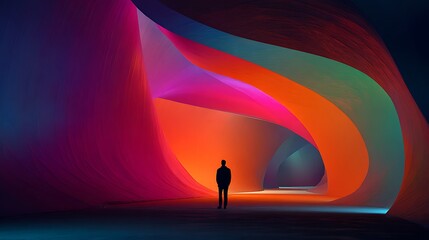 Vibrant colorful wave tunnels shaped by technology for futuristic travel and exploration with a person silhouette
