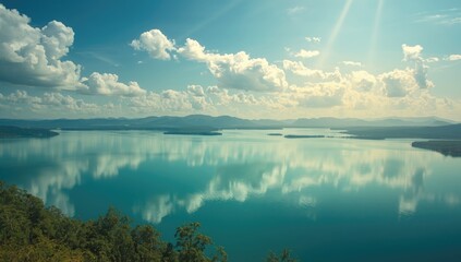 Aerial perspective of a lakes surface with sky reflections, ideal for editorial header backgrounds
