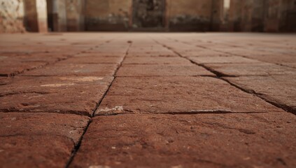 Obraz premium Close-up of a laterite stone floor with uneven surface, used in construction or landscaping, erosion risk focus